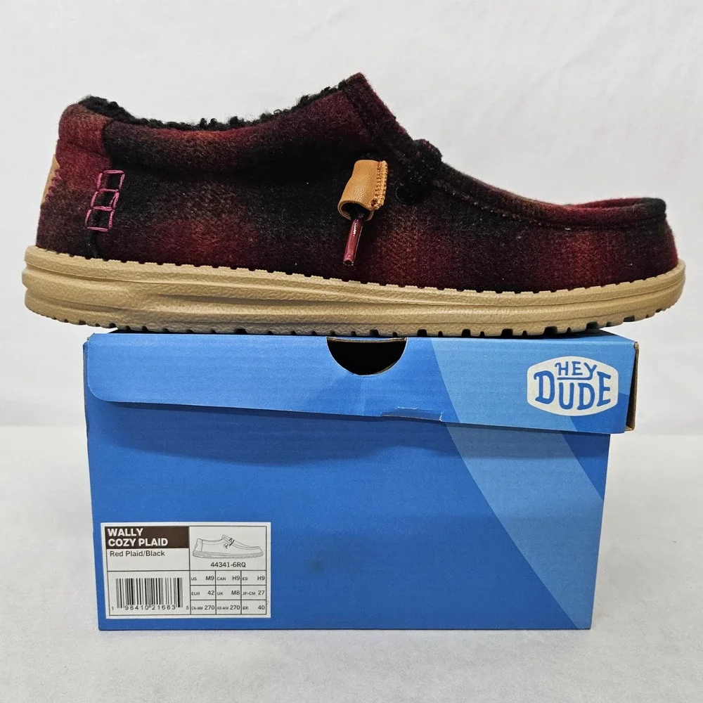 Hey Dude Wally Cozy Plaid Loafers Lined 44341-6RQ Red Black Mens Size‎ 9
